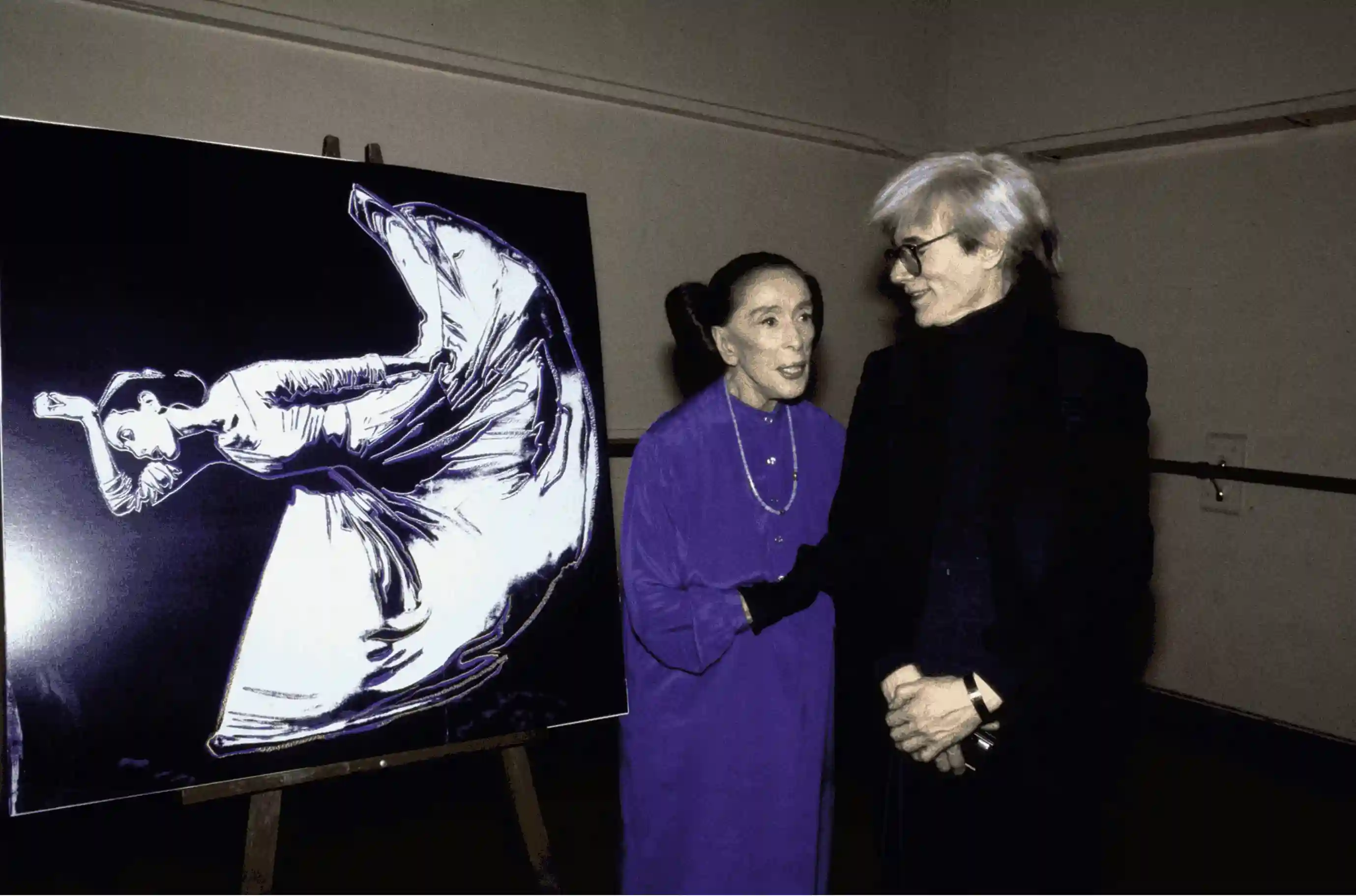 Andy Warhol and Choreographer Martha Graham with Warhol painting of Graham, 1986